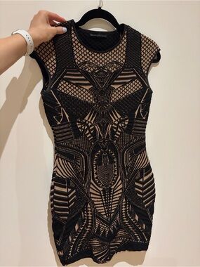 RVN Black and Nude Geometric Mesh Mini Dress